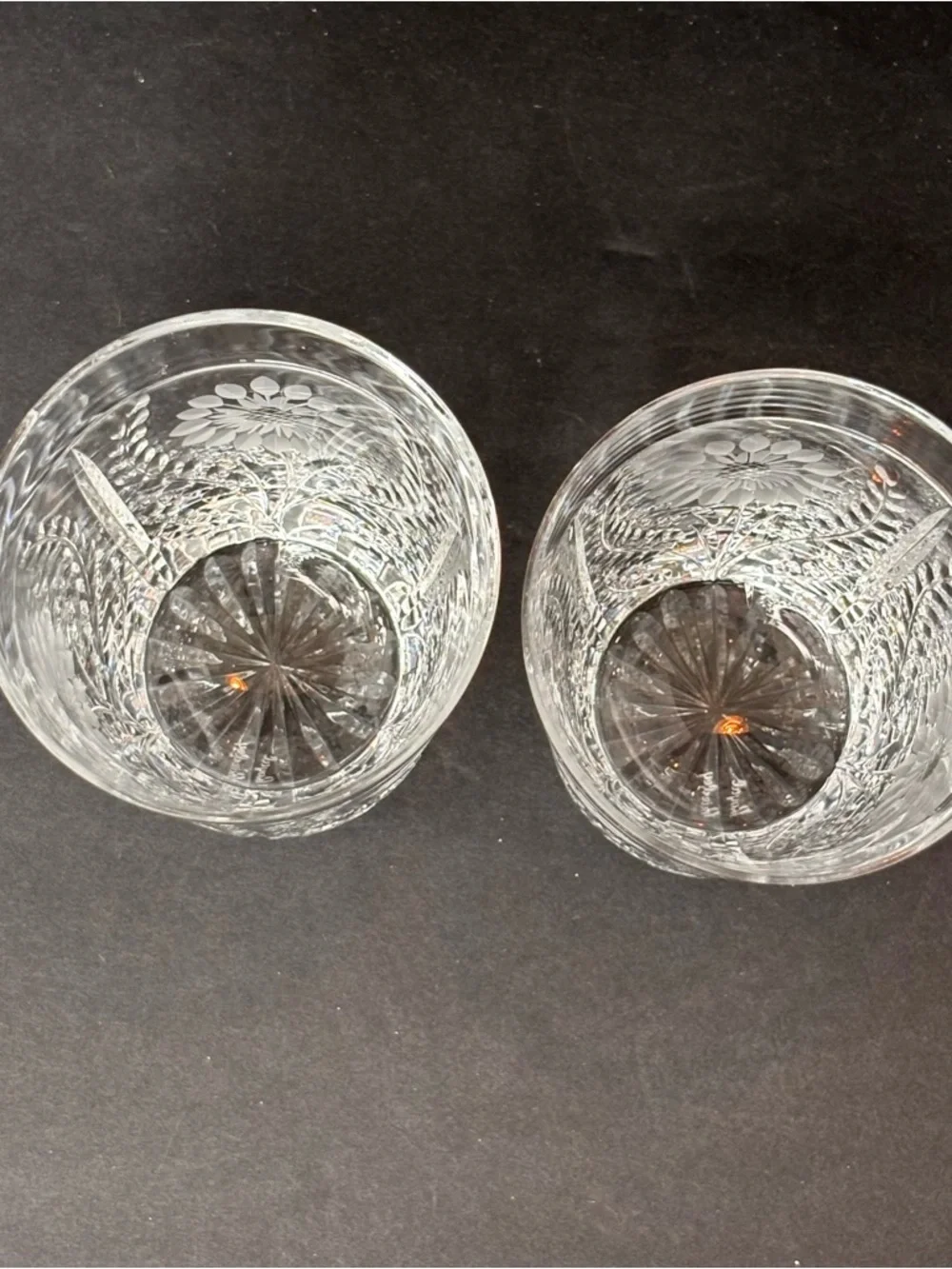 Pair Royal Brierley Etched Crystal Tumblers - Kensington Palace Flower Sunflower